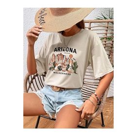Trendseninle Arizona Wilderness Baskılı Bej Oversize Kadın T-shirt