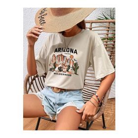 Trendseninle Arizona Wilderness Baskılı Bej Oversize Kadın T-shirt