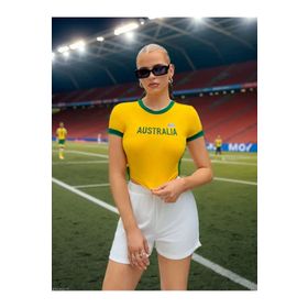 Trendseninle Australia Baskılı Sarı Penye Crop Kadın T-shirt
