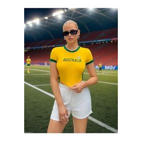 Trendseninle Australia Baskılı Sarı Penye Crop Kadın T-shirt