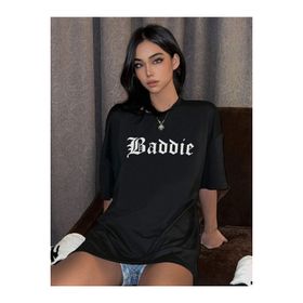 Trendseninle Baddie Baskılı Siyah Oversize Kadın T-shirt