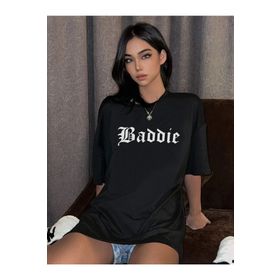 Trendseninle Baddie Baskılı Siyah Oversize Kadın T-shirt