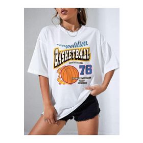 Trendseninle Basketball Tournament Baskılı Beyaz Oversize Kadın T-shirt