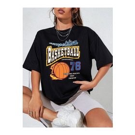 Trendseninle Basketball Tournament Baskılı Siyah Oversize Kadın T-shirt