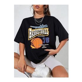 Trendseninle Basketball Tournament Baskılı Siyah Oversize Kadın T-shirt