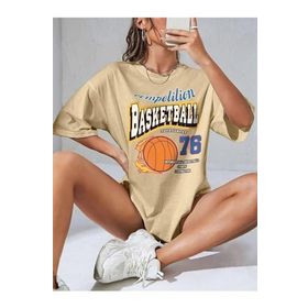 Trendseninle Basketball Tournament Baskılı Vizon Oversize Kadın T-shirt