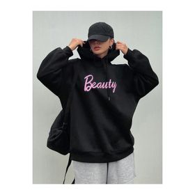 Trendseninle Beauty Baskılı Siyah Kapüşonlu Kadın Sweatshirt