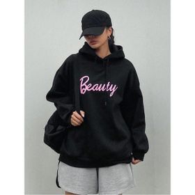 Trendseninle Beauty Baskılı Siyah Kapüşonlu Kadın Sweatshirt