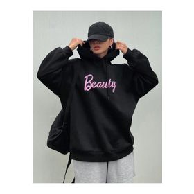 Trendseninle Beauty Baskılı Siyah Kapüşonlu Kadın Sweatshirt