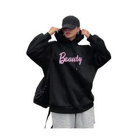 Trendseninle Beauty Baskılı Siyah Kapüşonlu Kadın Sweatshirt