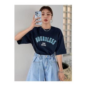 Trendseninle Boundless Baskılı Lacivert Oversize Kadın T-shirt