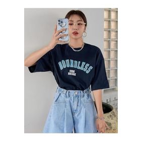 Trendseninle Boundless Baskılı Lacivert Oversize Kadın T-shirt