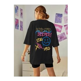 Trendseninle Breath Deeper Baskılı Siyah Oversize Kadın T-shirt