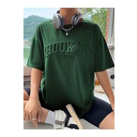 Trendseninle Brooklyn Nyc Baskılı Nefti Yeşil Oversize Kadın T-shirt