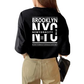 Trendseninle Brooklyn Nyc Baskılı Siyah Rahat Kesim Oversize Kadın T-shirt