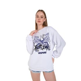 Trendseninle Butterflies Inspire Baskılı Beyaz 000 Oversize Kadın Sweatshirt