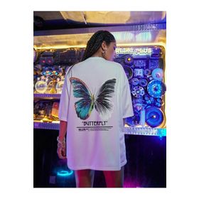 Trendseninle Butterfly Beyaz Ön Arka Baskılı Oversize Kadın T-shirt