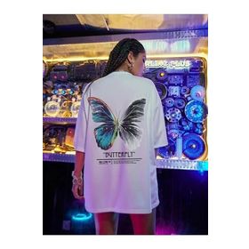 Trendseninle Butterfly Beyaz Ön Arka Baskılı Oversize Kadın T-shirt