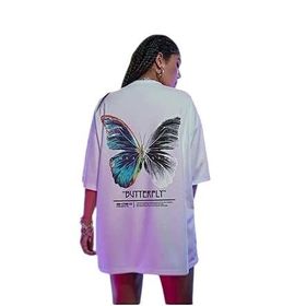 Trendseninle Butterfly Beyaz Ön Arka Baskılı Oversize Kadın T-shirt
