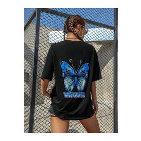 Trendseninle Butterfly Siyah Baskılı Oversize Kadın T-shirt