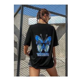 Trendseninle Butterfly Siyah Baskılı Oversize Kadın T-shirt