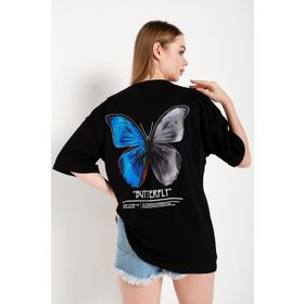 Trendseninle Butterfly Siyah Ön Arka Baskılı Oversize Kadın T-shirt