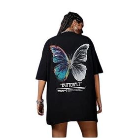 Trendseninle Butterfly Siyah Ön Arka Baskılı Oversize Kadın T-shirt