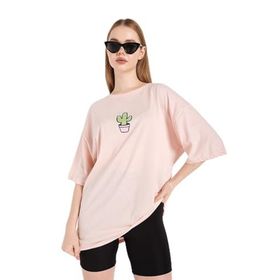 Trendseninle Cactus Logo Baskılı Pembe Oversize Kadın T-shirt