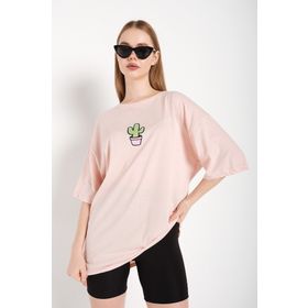 Trendseninle Cactus Logo Baskılı Pembe Oversize Kadın T-shirt