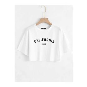 Trendseninle California Baskılı Beyaz Oversize Crop Kadın T-shirt