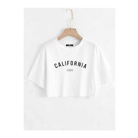 Trendseninle California Baskılı Beyaz Oversize Crop Kadın T-shirt