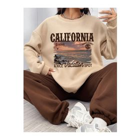 Trendseninle California Seaside Baskılı Bej Oversize Alt Üst Kadın Eşofman Takımı