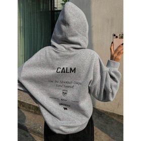 Trendseninle Calm Growth Baskılı Gri Oversize Kapüşonlu Kadın Sweatshirt