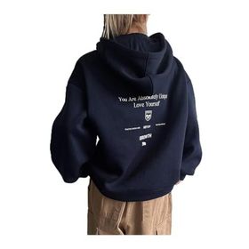 Trendseninle Calm Growth Baskılı Lacivert Oversize Kapüşonlu Kadın Sweatshirt