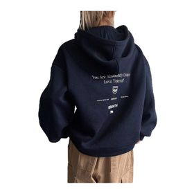Trendseninle Calm Growth Baskılı Lacivert Oversize Kapüşonlu Kadın Sweatshirt