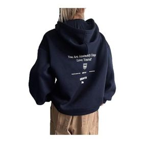 Trendseninle Calm Growth Baskılı Lacivert Oversize Kapüşonlu Kadın Sweatshirt