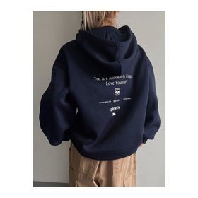 Trendseninle Calm Growth Baskılı Lacivert Oversize Kapüşonlu Kadın Sweatshirt