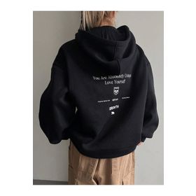 Trendseninle Calm Growth Baskılı Siyah Oversize Kapüşonlu Kadın Sweatshirt