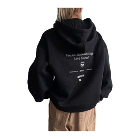 Trendseninle Calm Growth Baskılı Siyah Oversize Kapüşonlu Kadın Sweatshirt