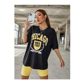 Trendseninle Chicago 1980 Baskılı Siyah Oversize Kadın T-shirt