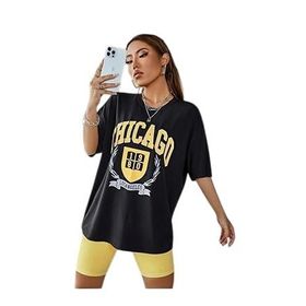 Trendseninle Chicago 1980 Baskılı Siyah Oversize Kadın T-shirt
