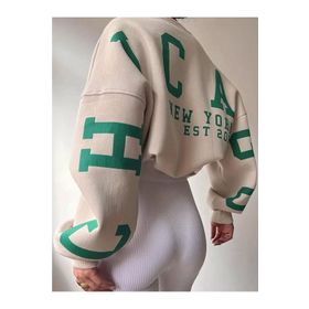 Trendseninle Chicago Baskılı Bej Kolları Oversize Bisiklet Yaka Kadın Sweatshirt