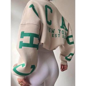 Trendseninle Chicago Baskılı Bej Kolları Oversize Bisiklet Yaka Kadın Sweatshirt