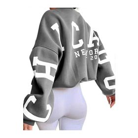 Trendseninle Chicago Baskılı Füme Kolları Bisiklet Yaka Oversize Kadın Sweatshirt