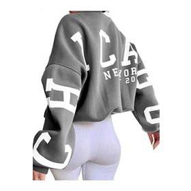 Trendseninle Chicago Baskılı Füme Kolları Bisiklet Yaka Oversize Kadın Sweatshirt