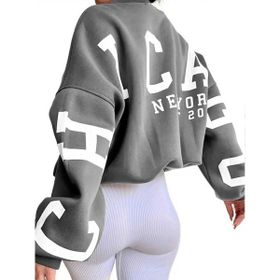 Trendseninle Chicago Baskılı Füme Kolları Bisiklet Yaka Oversize Kadın Sweatshirt