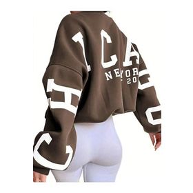 Trendseninle Chicago Baskılı Kahverengi Kolları Bisiklet Yaka Oversize Kadın Sweatshirt