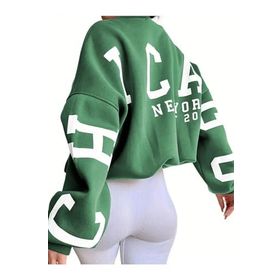 Trendseninle Chicago Baskılı Nefti Yeşili Kolları Bisiklet Yaka Sweatshirt