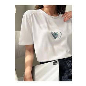 Trendseninle Çift Heart Baskılı Beyaz Oversize Kadın T-shirt