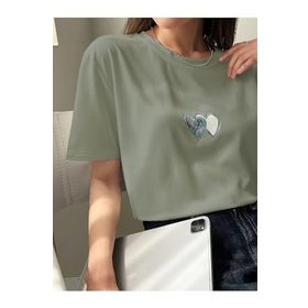 Trendseninle Çift Heart Baskılı Çağla Yeşili Oversize Kadın T-shirt